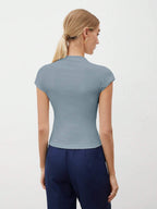 Round Collar Stitched Shoulder Cap Sleeve Women Blouse shein