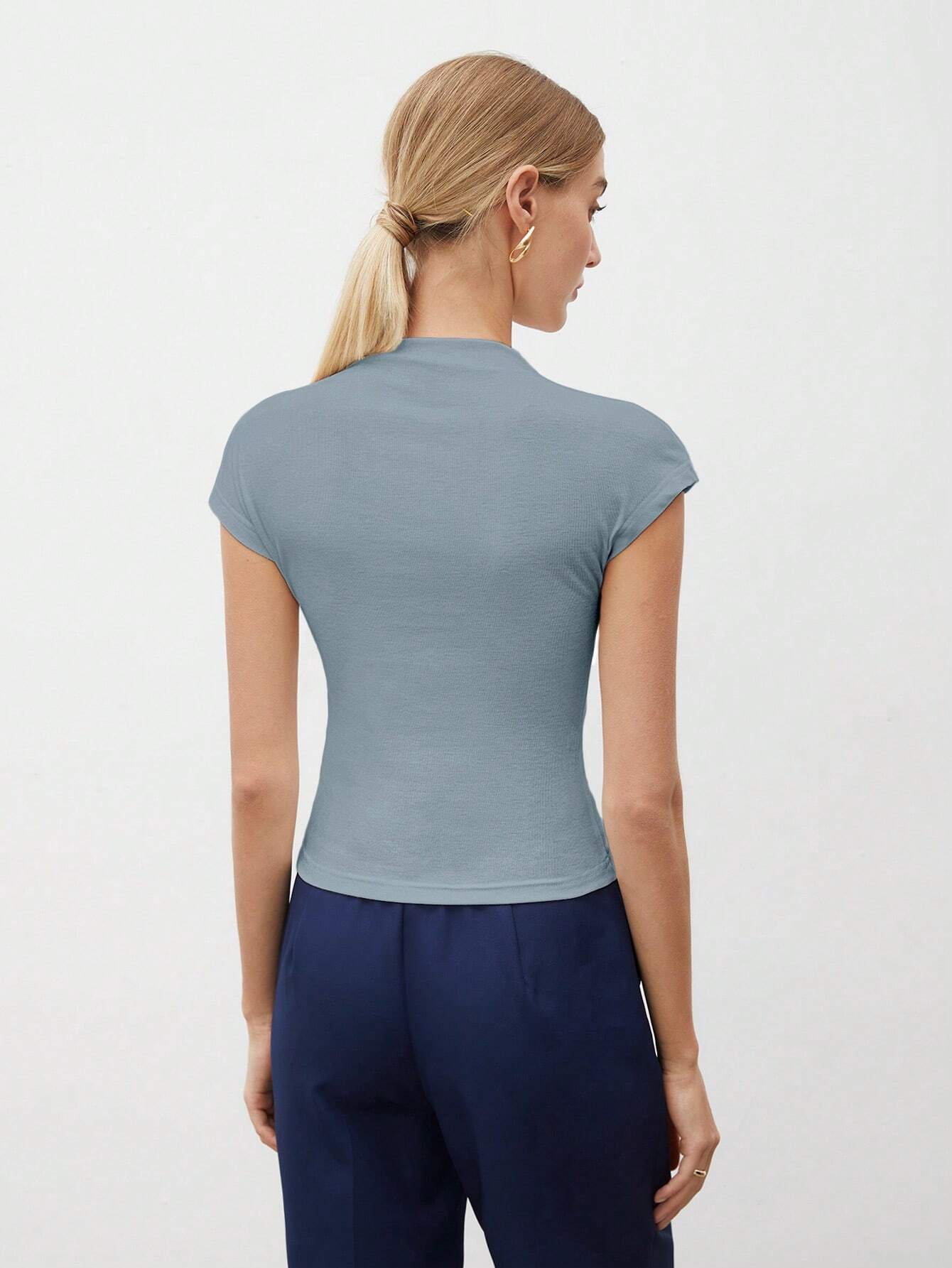 Round Collar Stitched Shoulder Cap Sleeve Women Blouse shein
