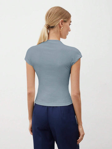 Round Collar Stitched Shoulder Cap Sleeve Women Blouse