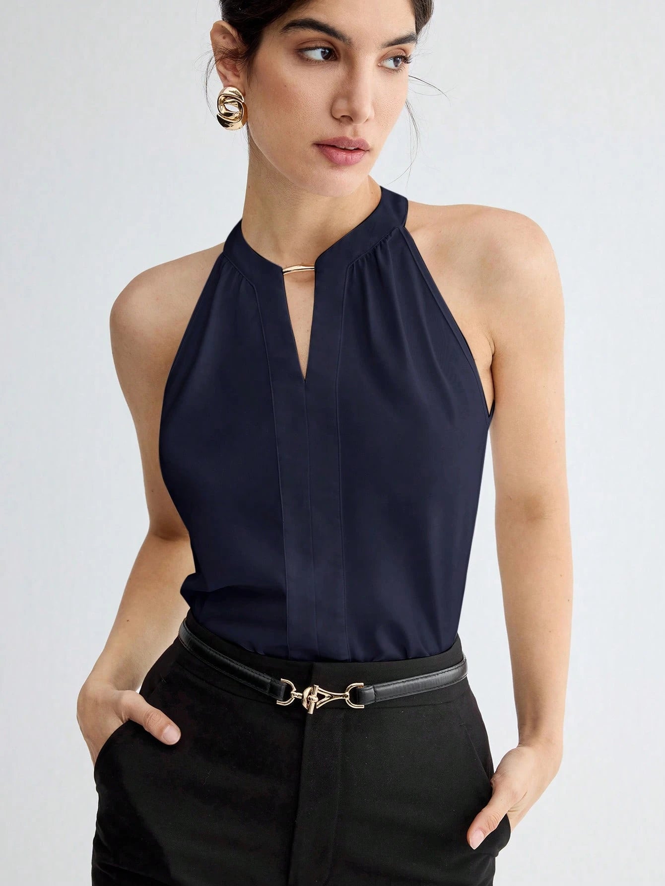 BizChic Women Summer Solid Color Halter Neck Elegant Sleeveless Top shein