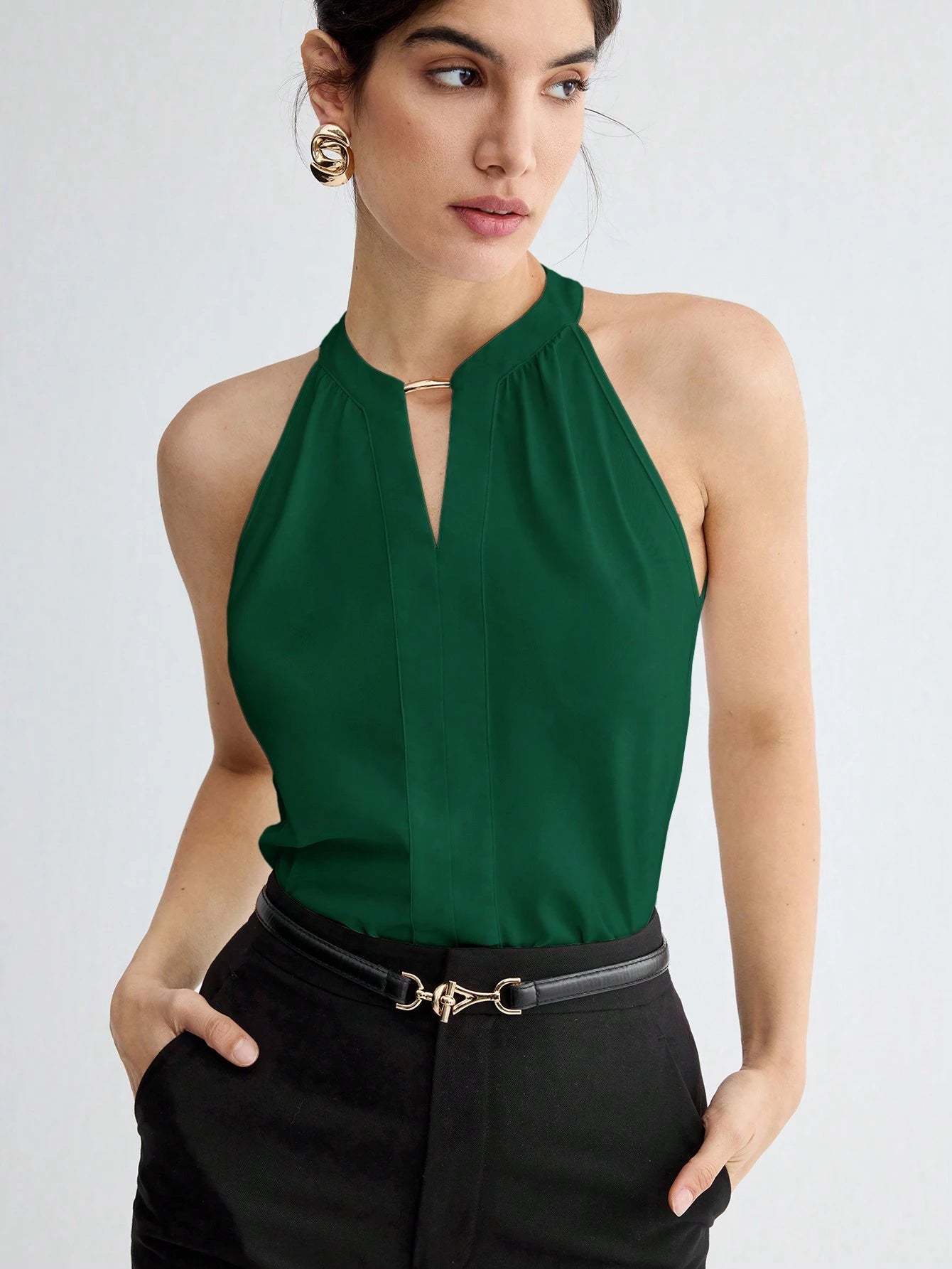 BizChic Women Summer Solid Color Halter Neck Elegant Sleeveless Top shein