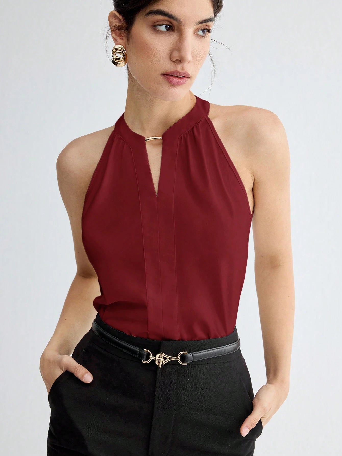 BizChic Women Summer Solid Color Halter Neck Elegant Sleeveless Top shein