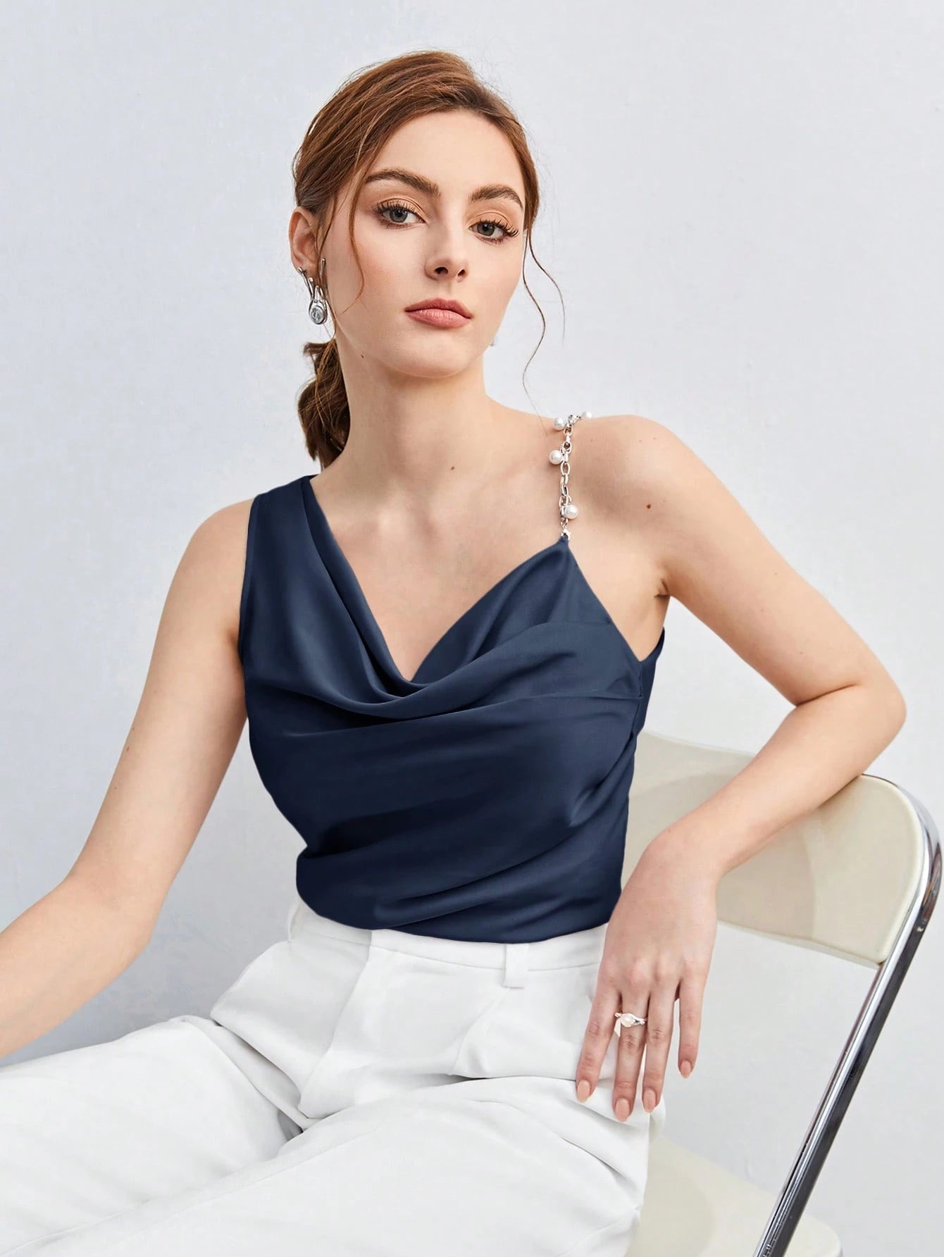 BizChic Pearl Decor Chain Strap Draped Neck Sleeveless Blouse shein