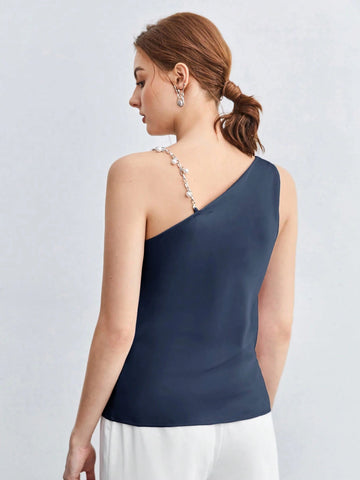 BizChic Pearl Decor Chain Strap Draped Neck Sleeveless Blouse