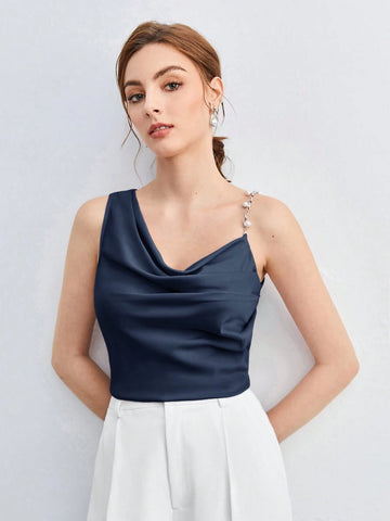 BizChic Pearl Decor Chain Strap Draped Neck Sleeveless Blouse