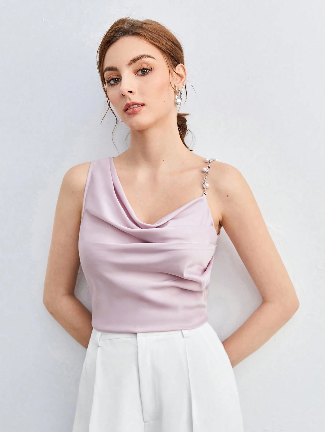 BizChic Pearl Decor Chain Strap Draped Neck Sleeveless Blouse shein