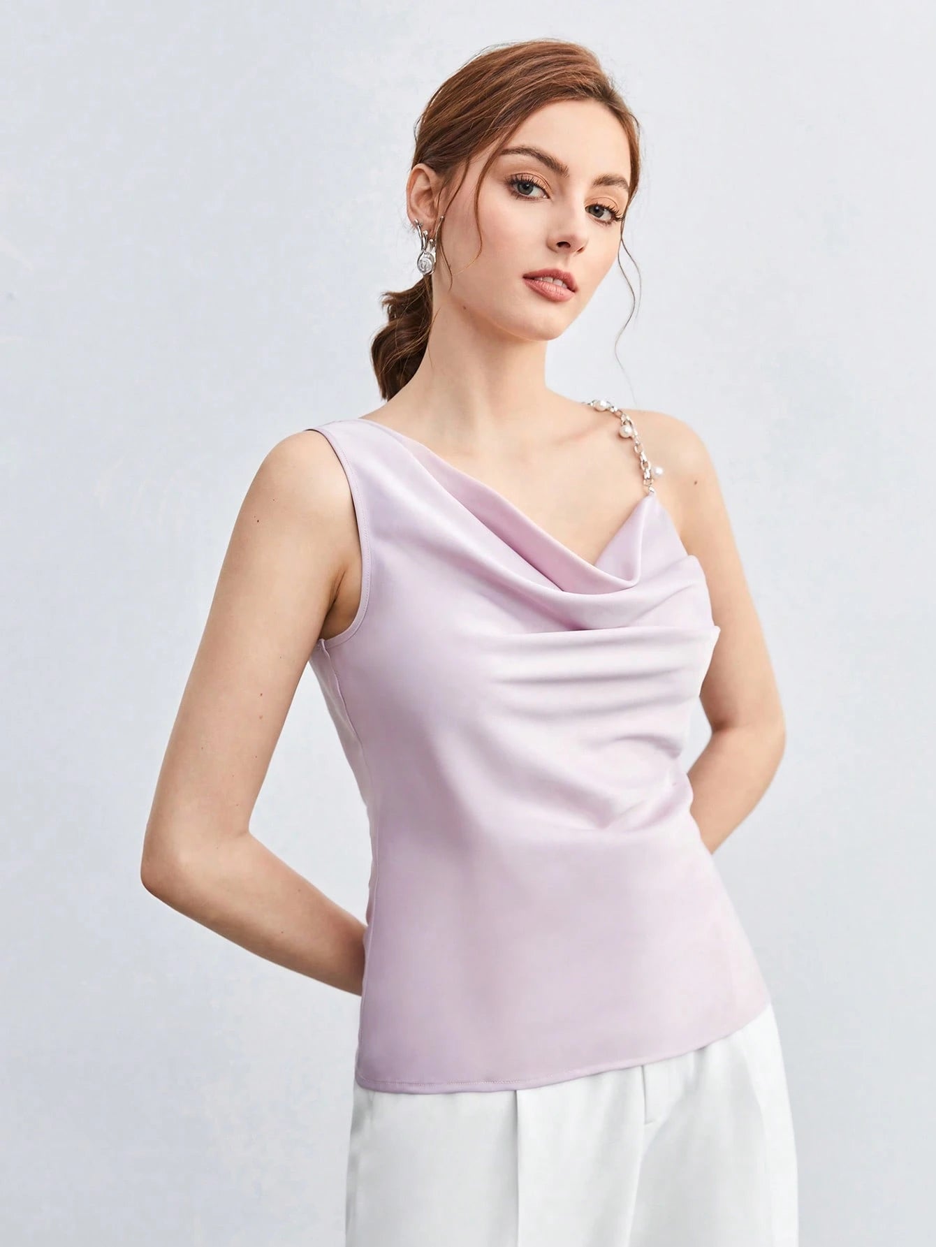 BizChic Pearl Decor Chain Strap Draped Neck Sleeveless Blouse shein