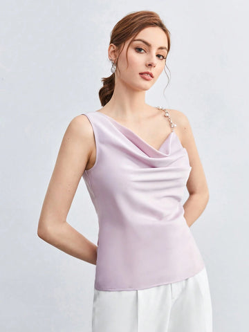 BizChic Pearl Decor Chain Strap Draped Neck Sleeveless Blouse