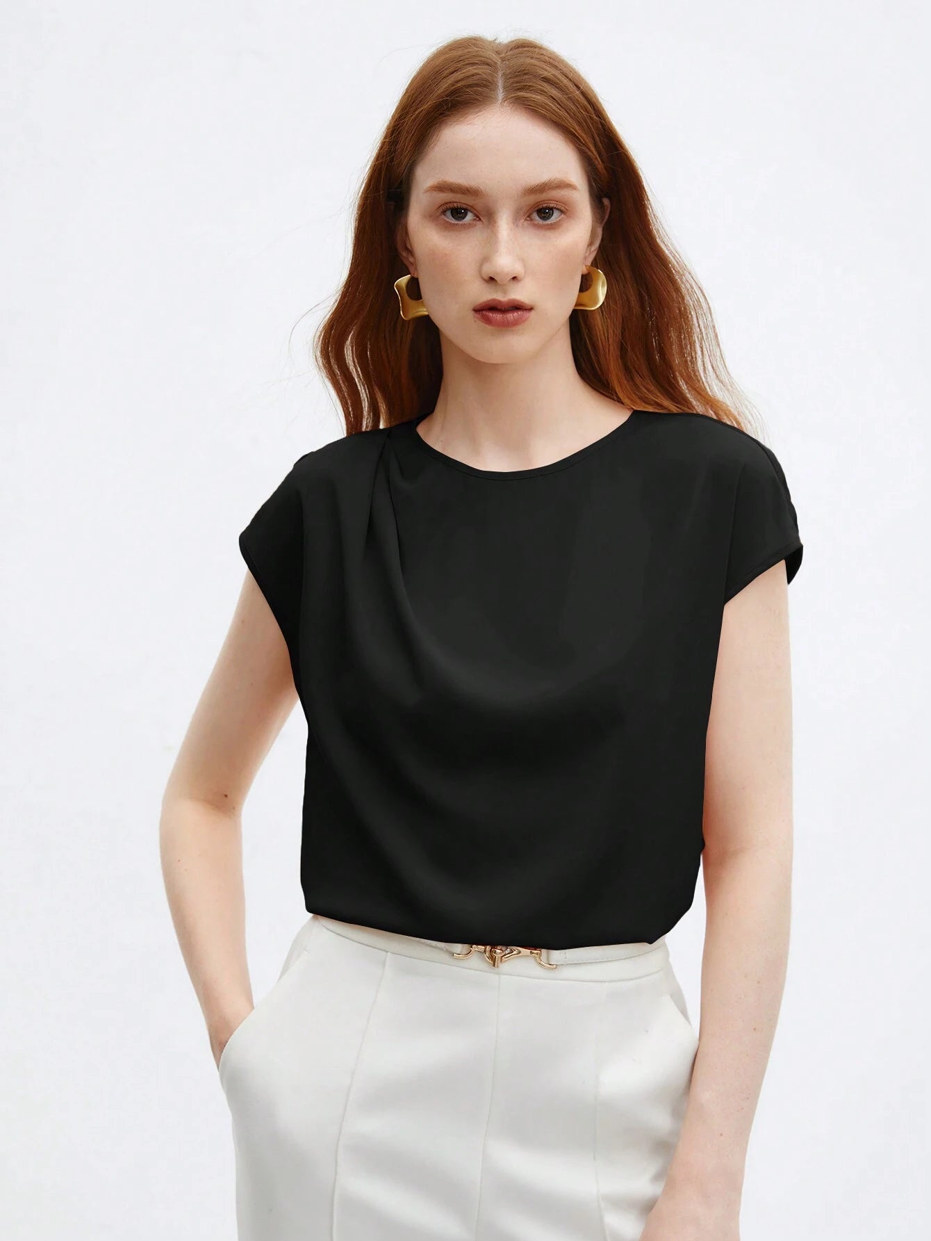 Crew Neck Gathered Shoulder Sleeve Blouse shein