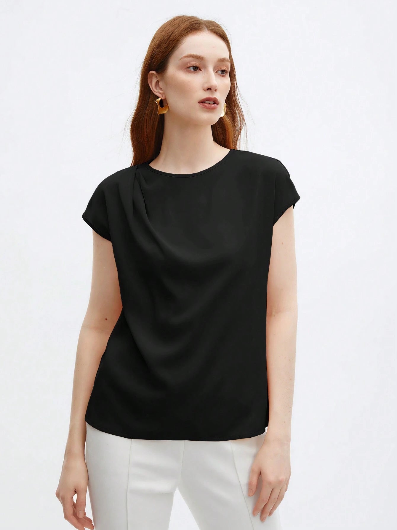 Crew Neck Gathered Shoulder Sleeve Blouse shein