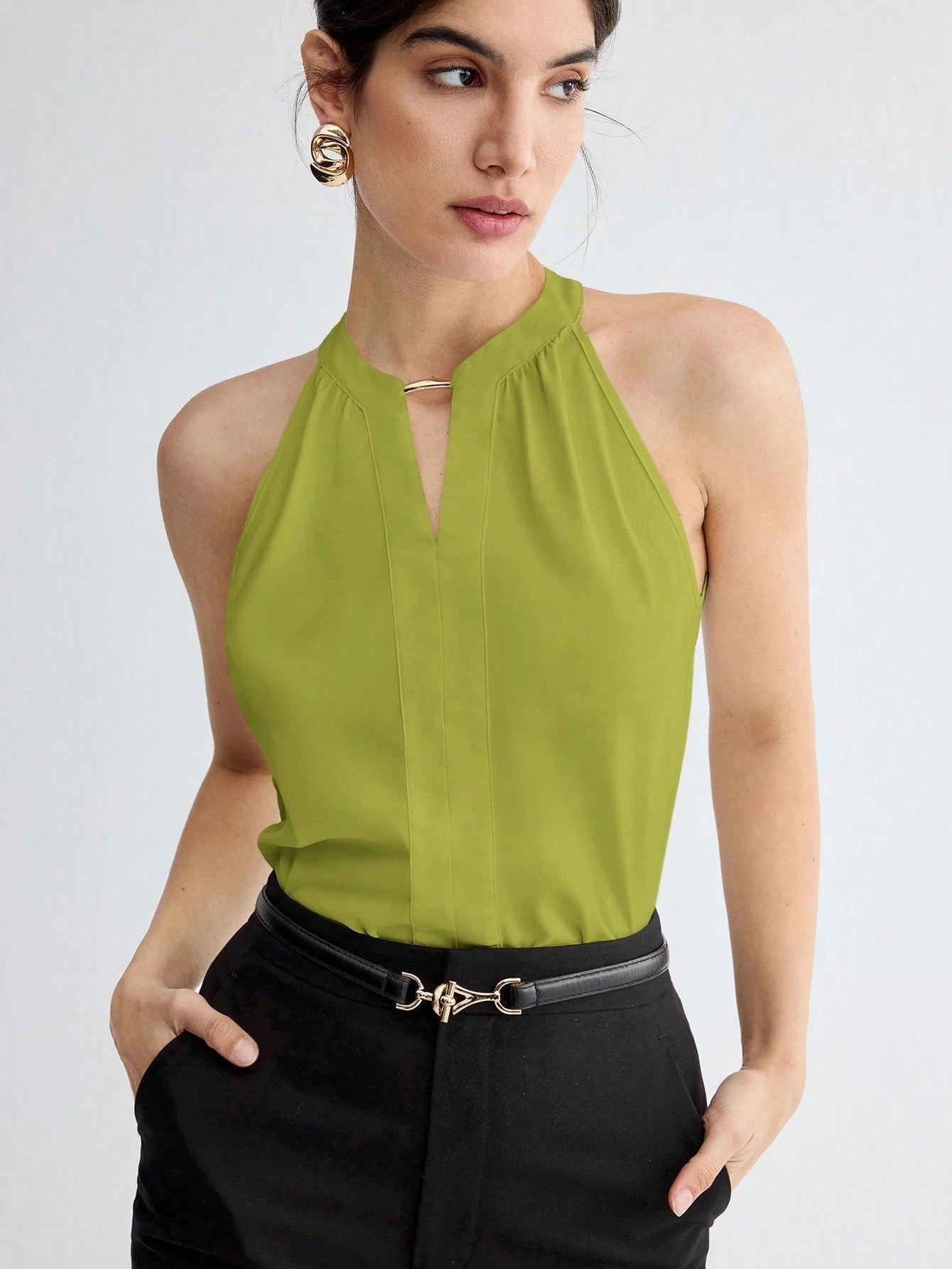 BizChic Women Summer Solid Color Halter Neck Elegant Sleeveless Top shein