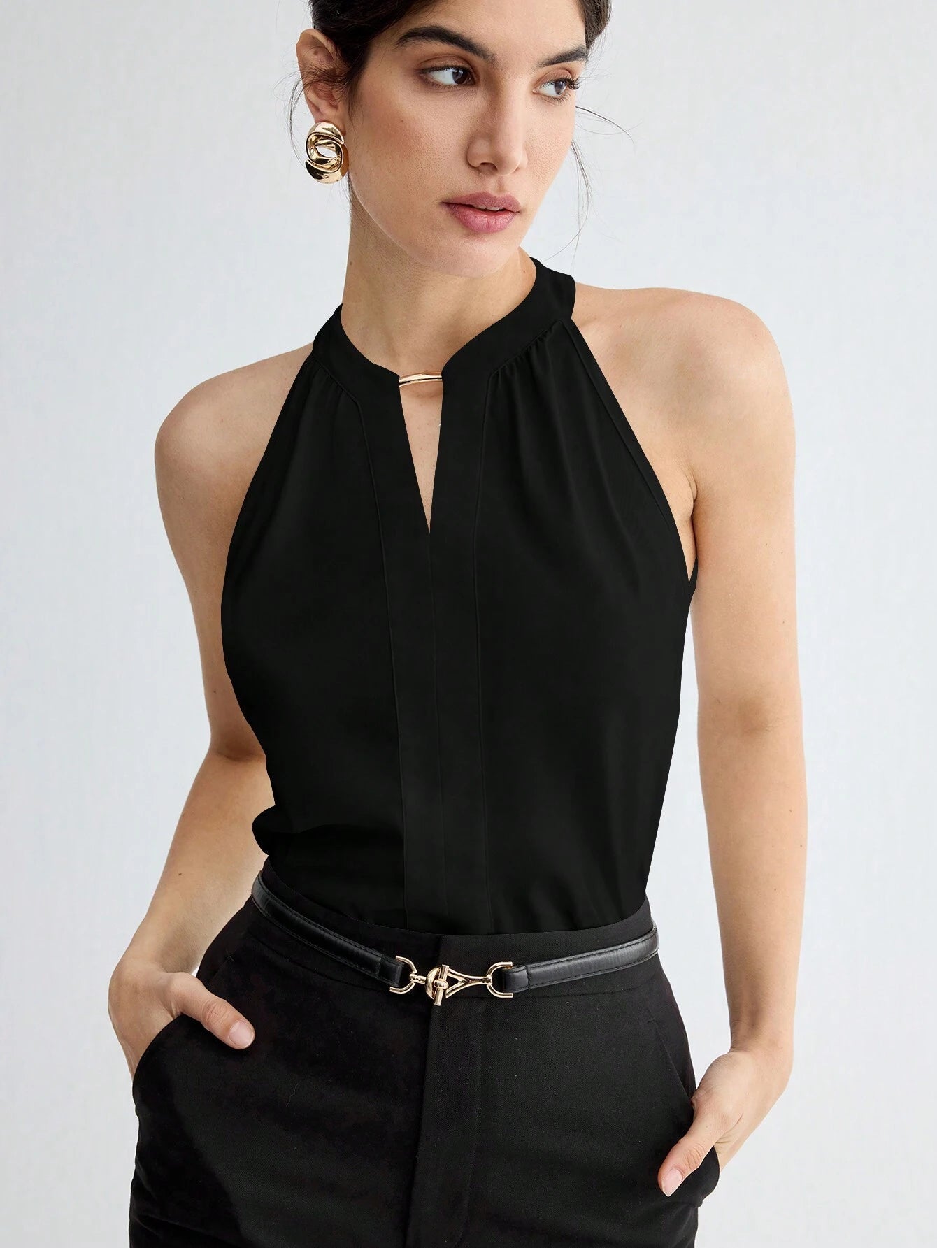 BizChic Women Summer Solid Color Halter Neck Elegant Sleeveless Top shein