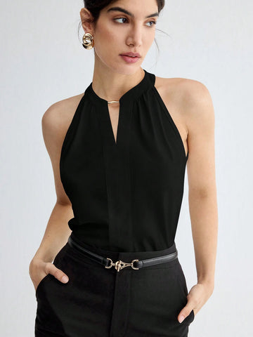BizChic Women Summer Solid Color Halter Neck Elegant Sleeveless Top