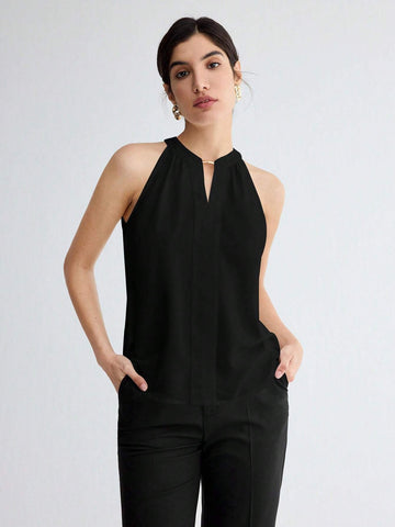 BizChic Women Summer Solid Color Halter Neck Elegant Sleeveless Top