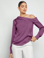 Women's Asymmetric One-Shoulder Ruched Draped Loose Long Sleeve Satin Blouse