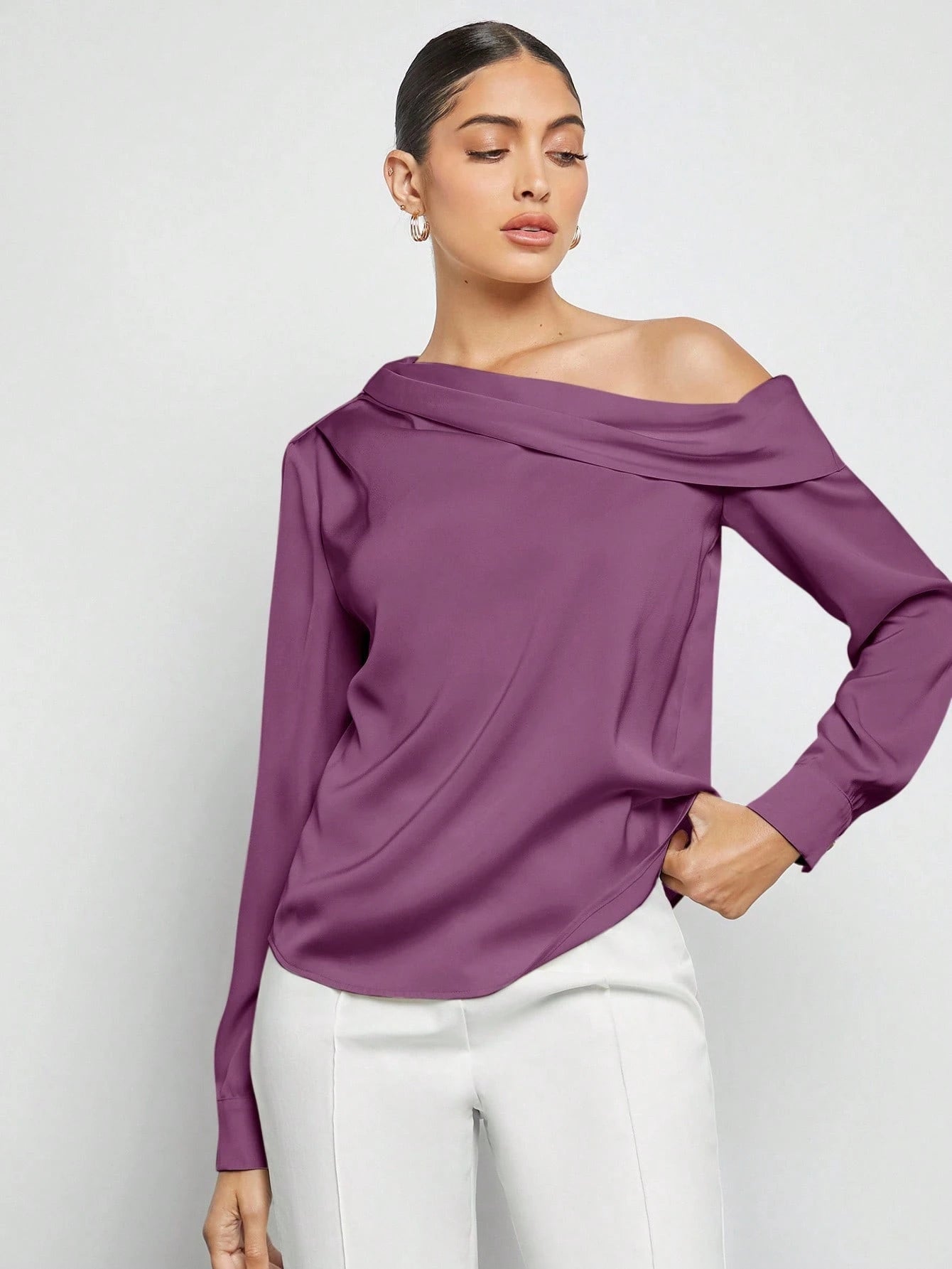 Women's Asymmetric One-Shoulder Ruched Draped Loose Long Sleeve Satin Blouse