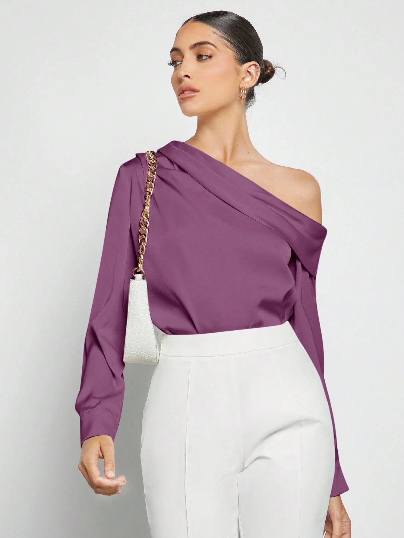 Women's Asymmetric One-Shoulder Ruched Draped Loose Long Sleeve Satin Blouse