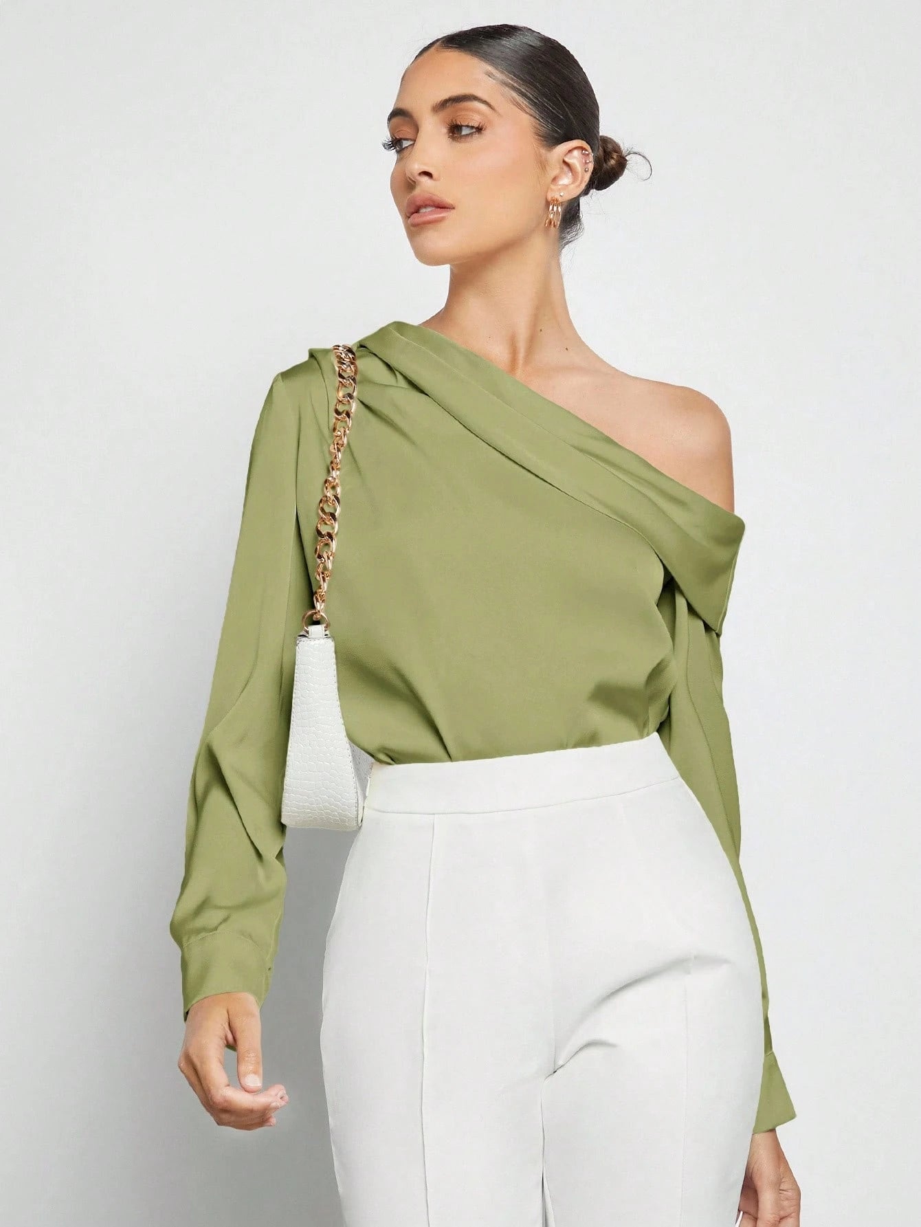 Women's Asymmetric One-Shoulder Ruched Draped Loose Long Sleeve Satin Blouse