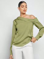 Women's Asymmetric One-Shoulder Ruched Draped Loose Long Sleeve Satin Blouse