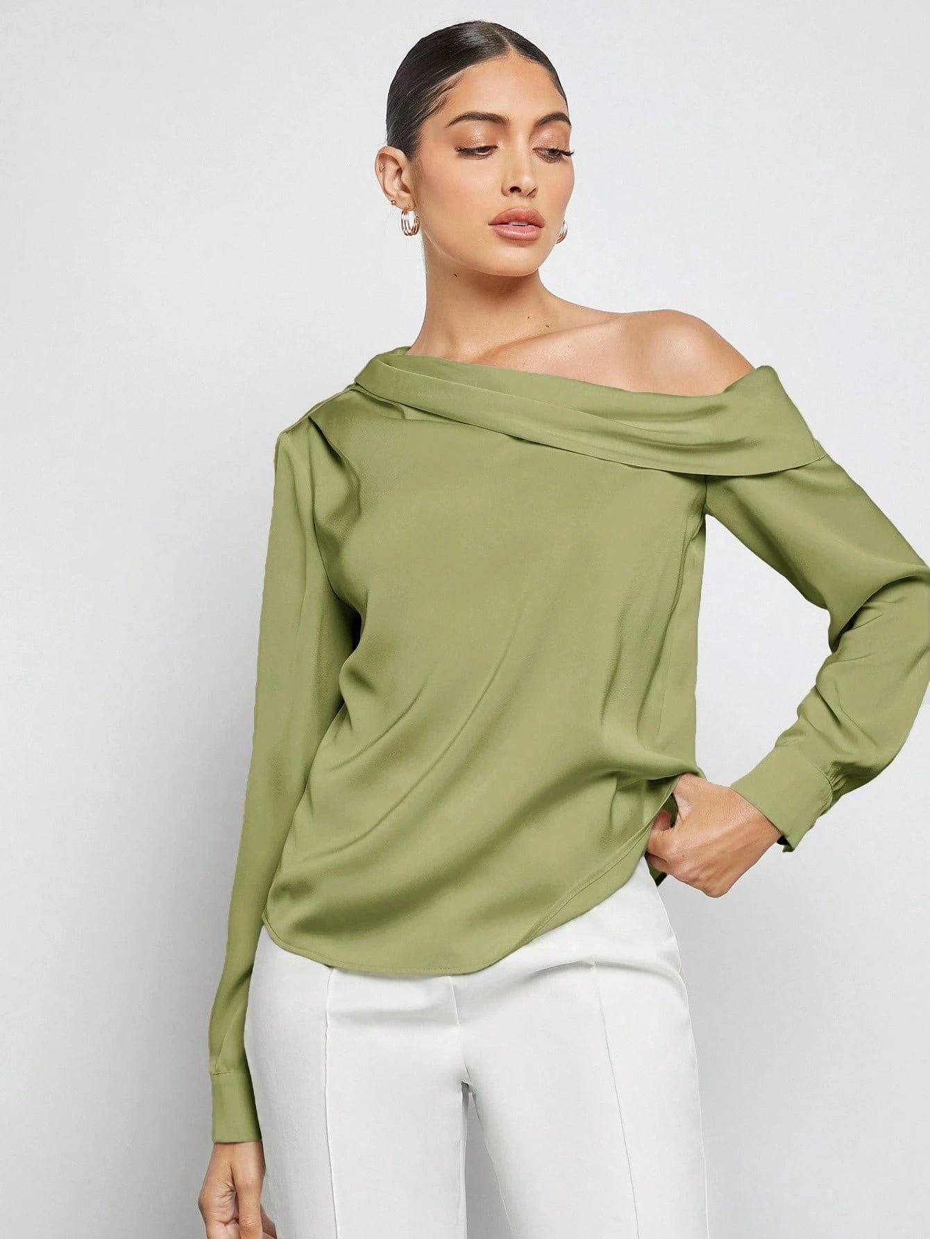 Women's Asymmetric One-Shoulder Ruched Draped Loose Long Sleeve Satin Blouse