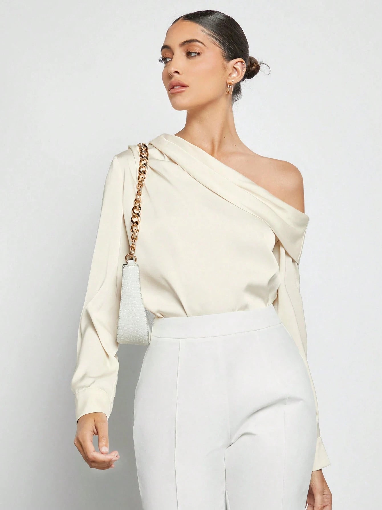 Women's Asymmetric One-Shoulder Ruched Draped Loose Long Sleeve Satin Blouse