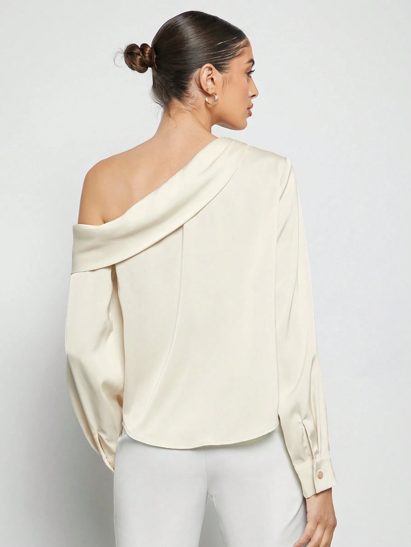 Women's Asymmetric One-Shoulder Ruched Draped Loose Long Sleeve Satin Blouse