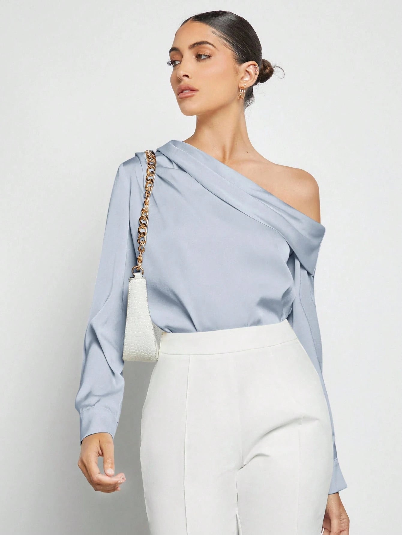 Women's Asymmetric One-Shoulder Ruched Draped Loose Long Sleeve Satin Blouse