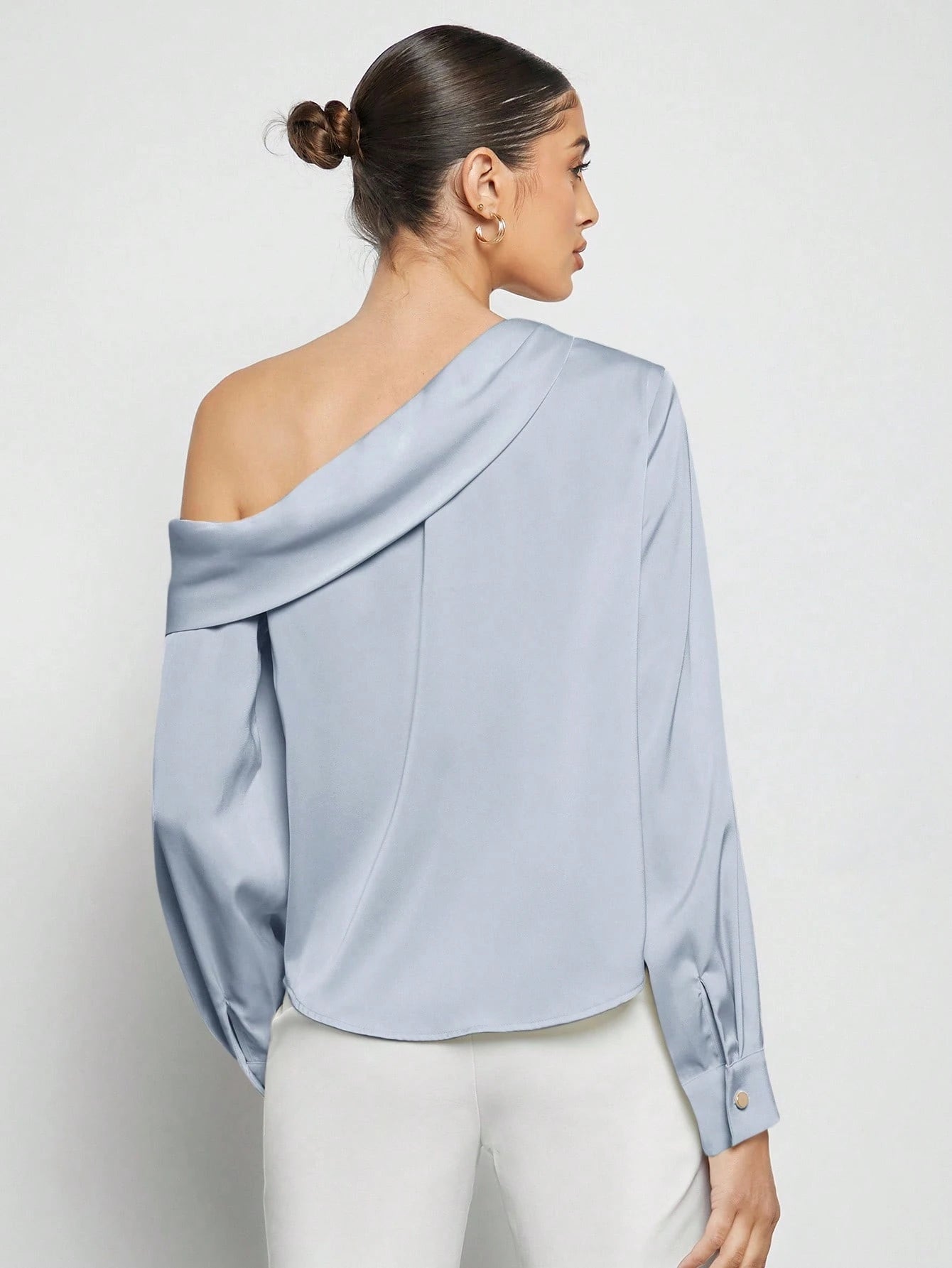 Women's Asymmetric One-Shoulder Ruched Draped Loose Long Sleeve Satin Blouse