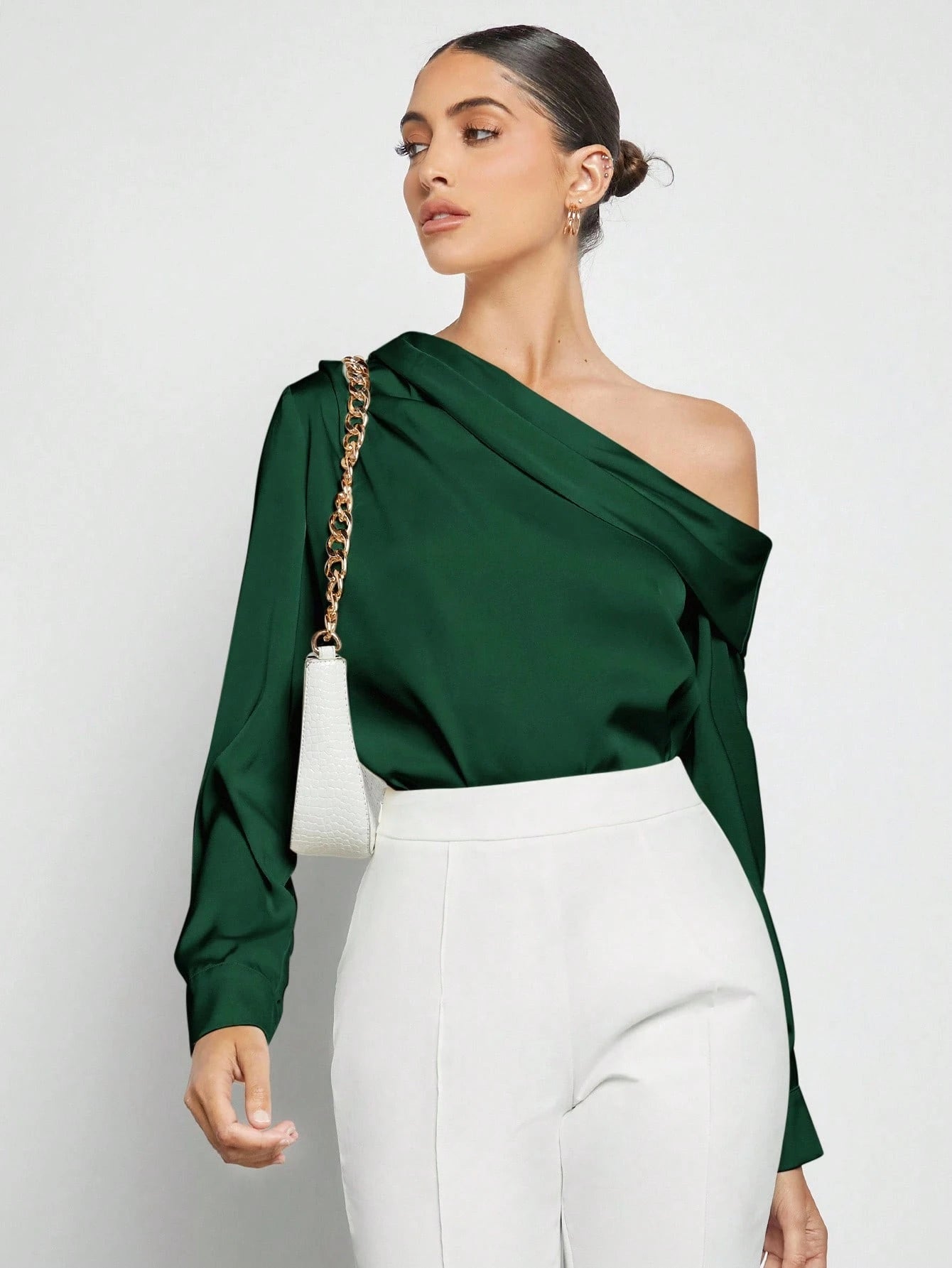 Women's Asymmetric One-Shoulder Ruched Draped Loose Long Sleeve Satin Blouse