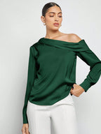 Women's Asymmetric One-Shoulder Ruched Draped Loose Long Sleeve Satin Blouse