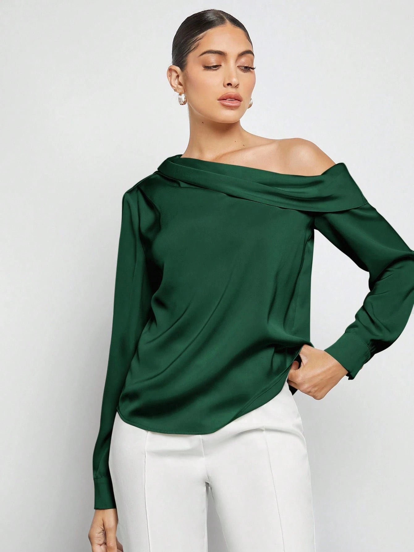 Women's Asymmetric One-Shoulder Ruched Draped Loose Long Sleeve Satin Blouse