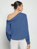 Women's Asymmetric One-Shoulder Ruched Draped Loose Long Sleeve Satin Blouse