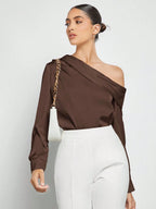 Women's Asymmetric One-Shoulder Ruched Draped Loose Long Sleeve Satin Blouse