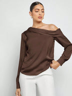 Women's Asymmetric One-Shoulder Ruched Draped Loose Long Sleeve Satin Blouse