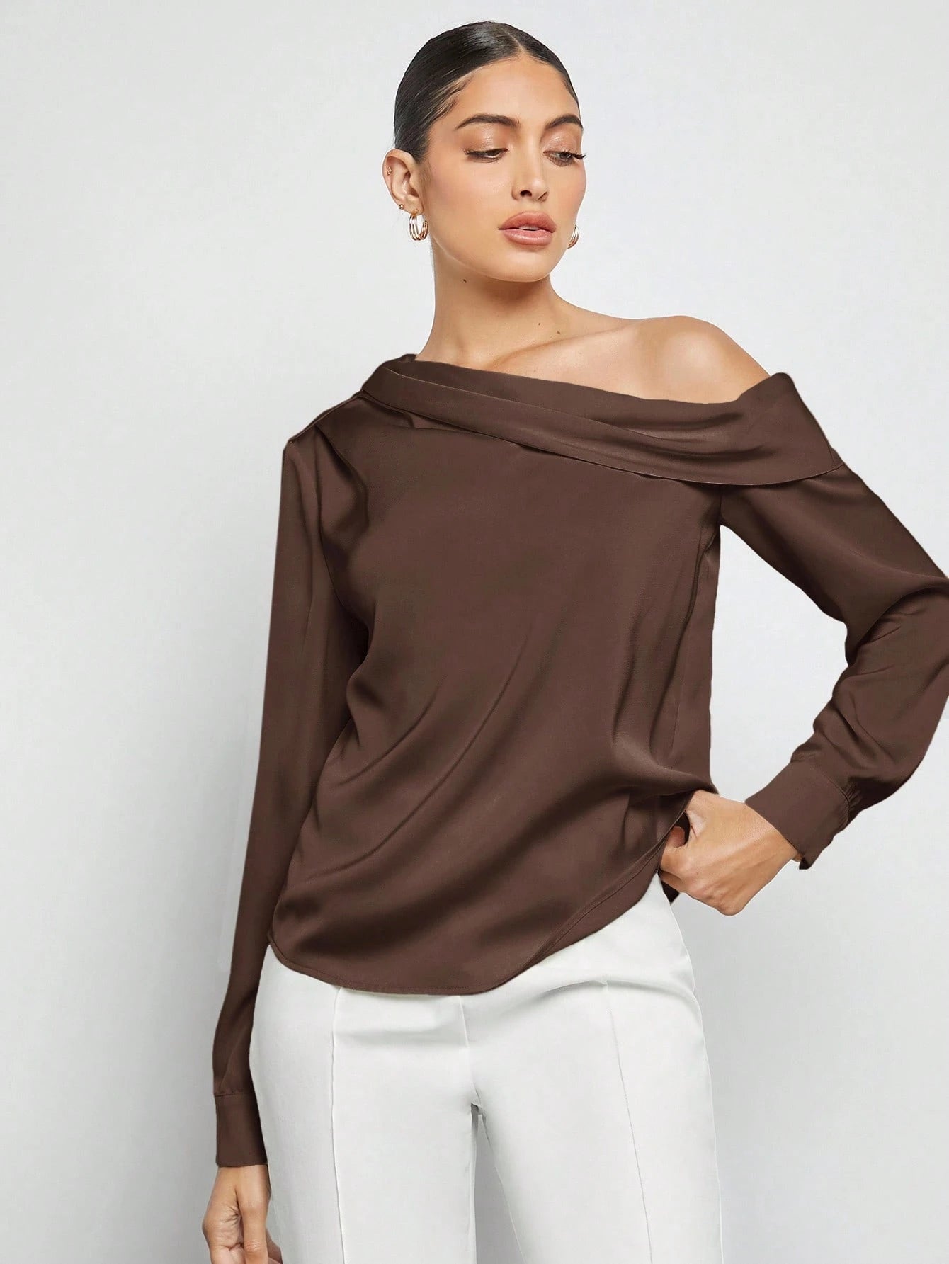 Women's Asymmetric One-Shoulder Ruched Draped Loose Long Sleeve Satin Blouse