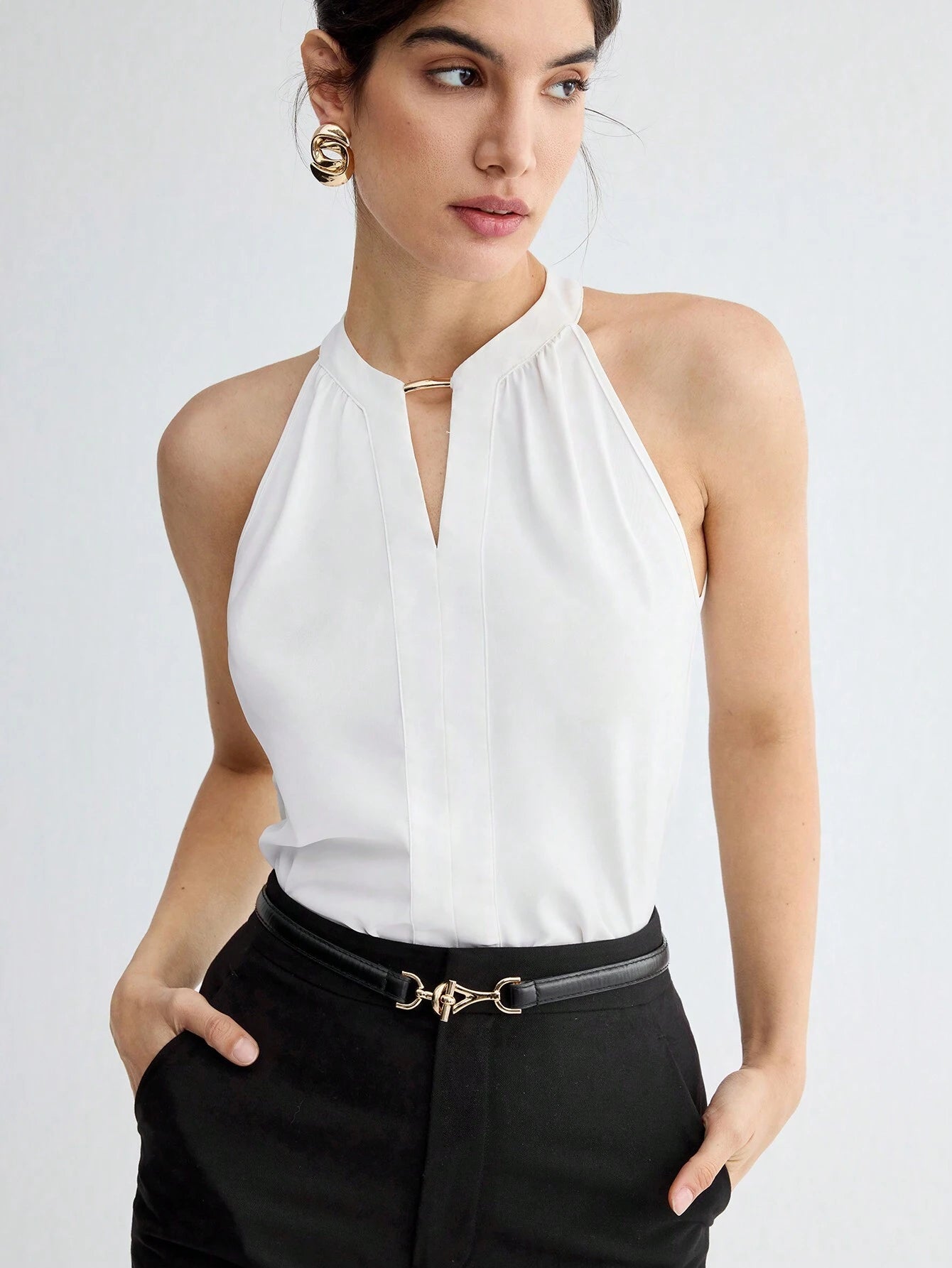 BizChic Women Summer Solid Color Halter Neck Elegant Sleeveless Top shein