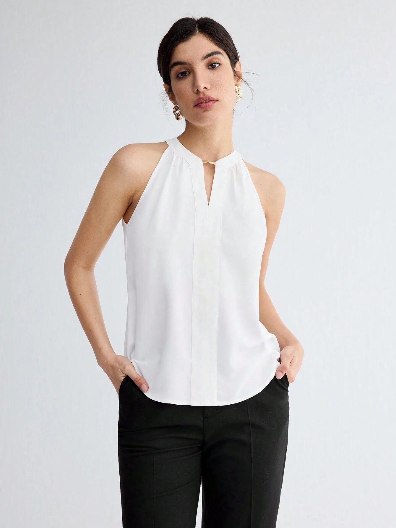 BizChic Women Summer Solid Color Halter Neck Elegant Sleeveless Top shein