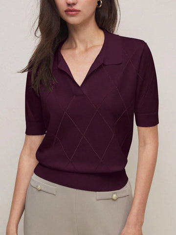 BizChic Women's Green Polo Collar Diamond Knit Short Sleeve Pullover Sweater
