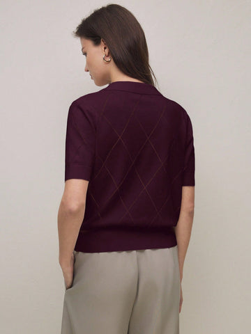 BizChic Women's Green Polo Collar Diamond Knit Short Sleeve Pullover Sweater