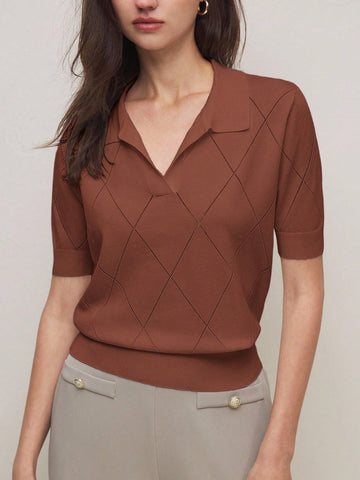 BizChic Women's Green Polo Collar Diamond Knit Short Sleeve Pullover Sweater