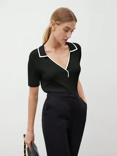 Women's Casual Colorblock Collar Short Sleeve Knit Top shein