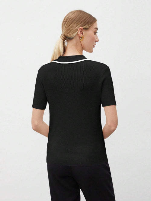 Women's Casual Colorblock Collar Short Sleeve Knit Top shein