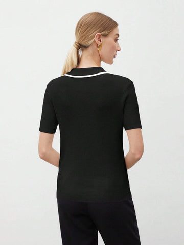 Women's Casual Colorblock Collar Short Sleeve Knit Top