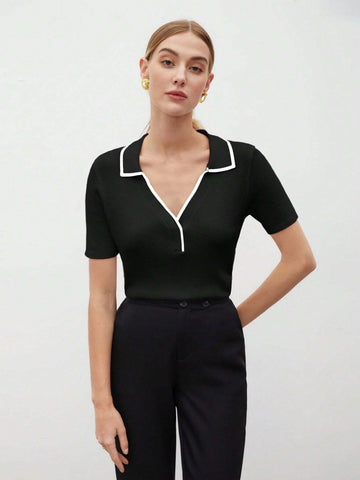 Women's Casual Colorblock Collar Short Sleeve Knit Top