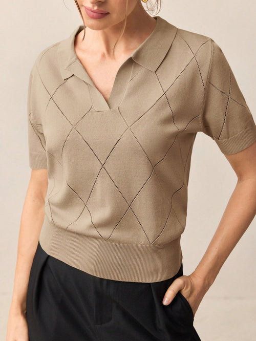 BizChic Women's Green Polo Collar Diamond Knit Short Sleeve Pullover Sweater shein