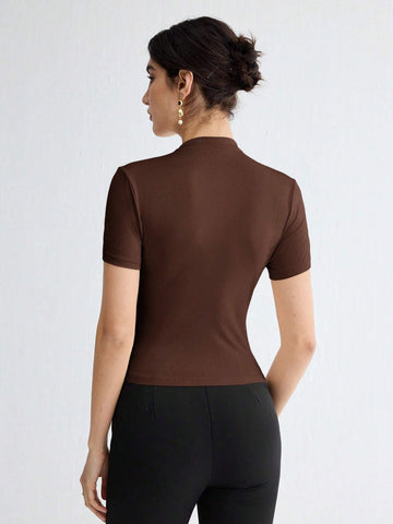Stand Collar Ruched Shoulder Metallic Button Detail T-Shirt