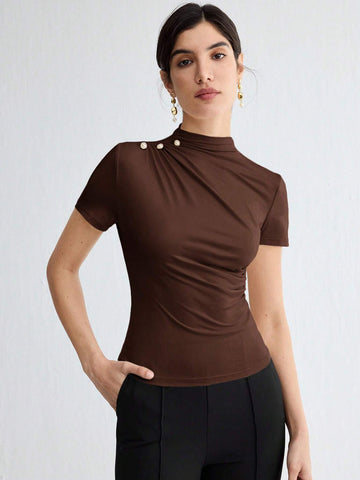 Stand Collar Ruched Shoulder Metallic Button Detail T-Shirt