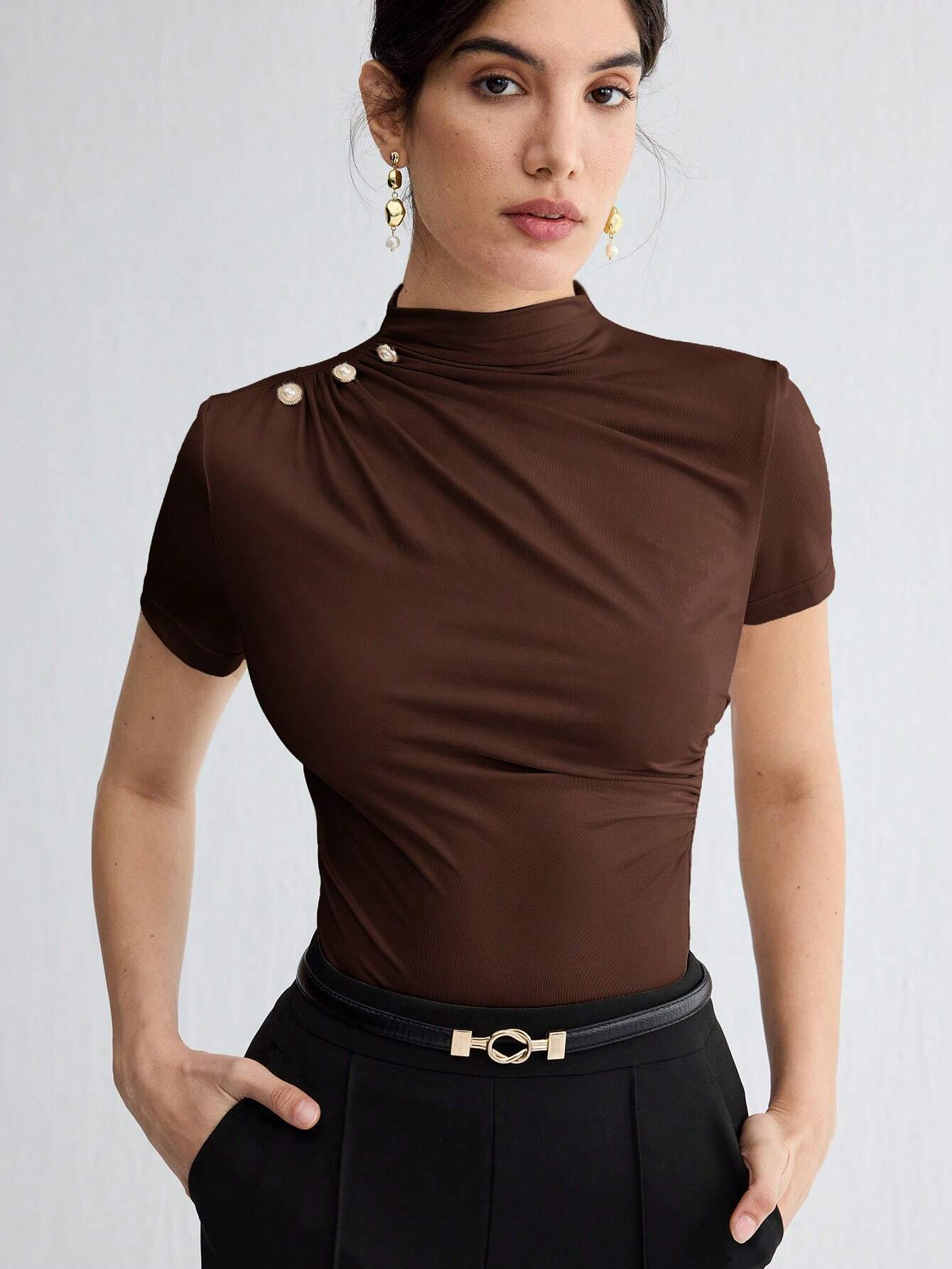 Stand Collar Ruched Shoulder Metallic Button Detail T-Shirt