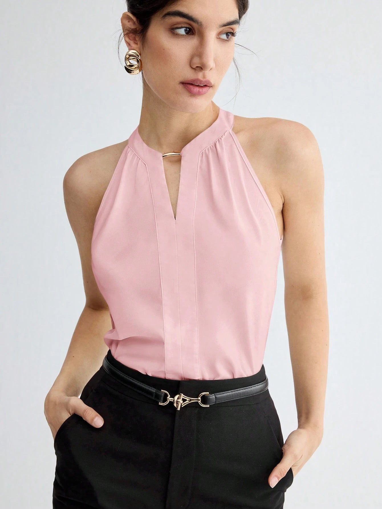 BizChic Women Summer Solid Color Halter Neck Elegant Sleeveless Top shein