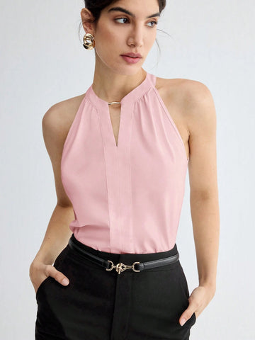 BizChic Women Summer Solid Color Halter Neck Elegant Sleeveless Top